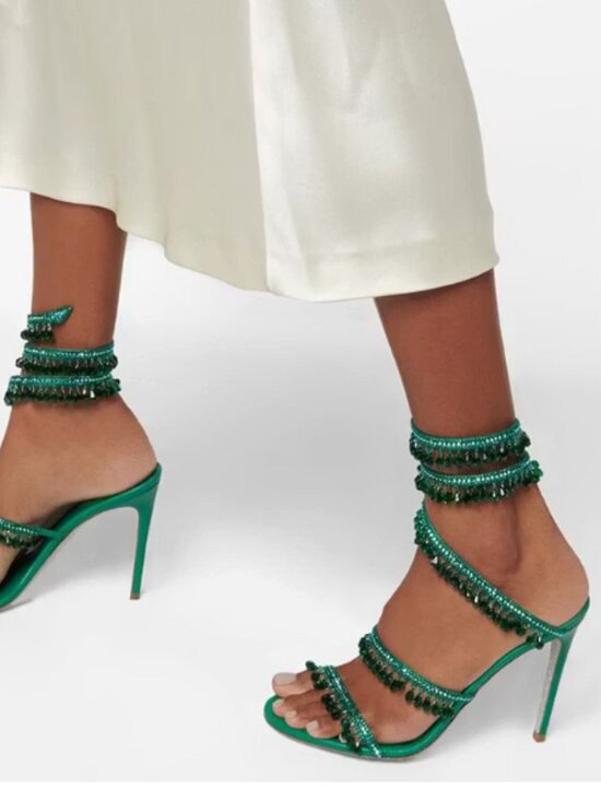 FSJ Shoes - FSJ Green Open Toe Wrap Around Rhinestone Sandals Strappy Stiletto Heels